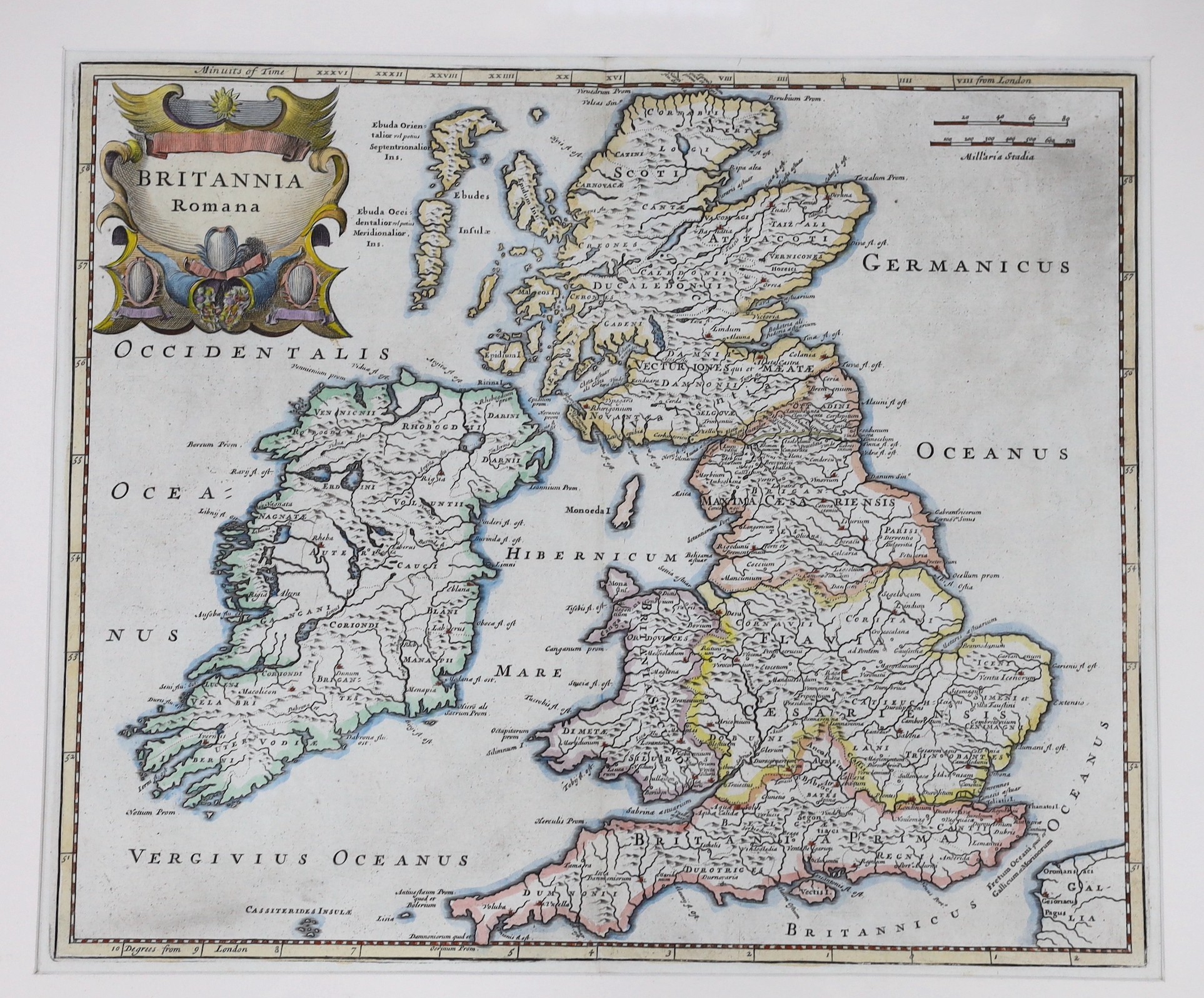 Robert Morden (1650-1703), coloured engraving, Map of Britannia Romana, 36 x 43cm